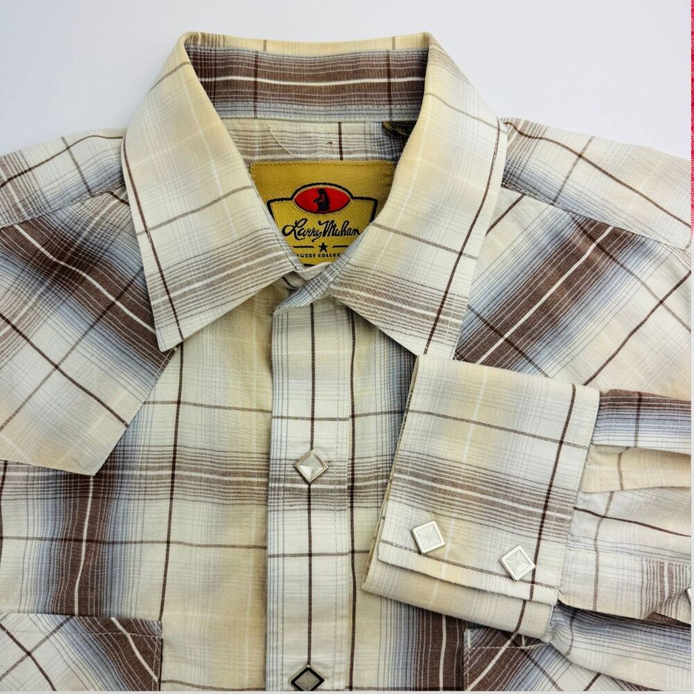 Larry Mahan Plaid Western Shirt Medium Pearl Snap Tan